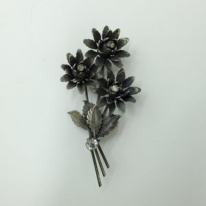 Vintage Brooch Pin Pewter Rhinestones Pewter